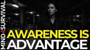 Woman walking cautiously through a dimly lit parking garage, practicing situational awareness in an urban environment.