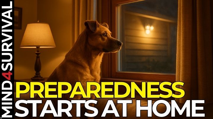 Alert dog looking out a window with motion light visible outside at dusk