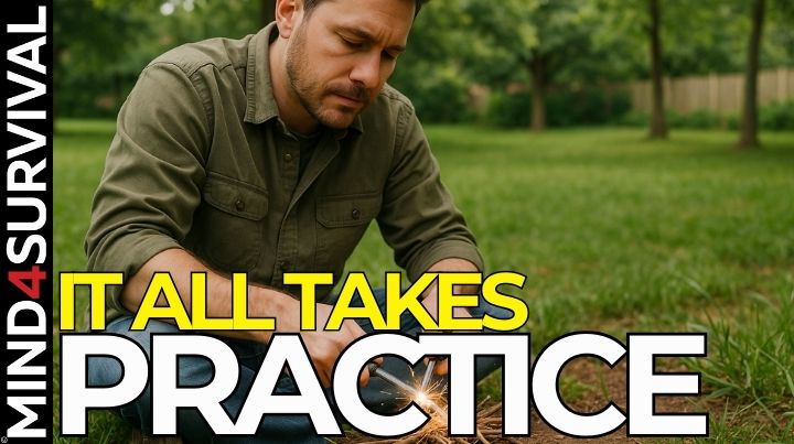Person practicing fire-starting outdoors as part of learning preparedness skills