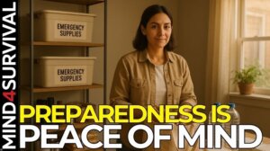 Person calmly organizing emergency supplies at home, reflecting practical preparedness