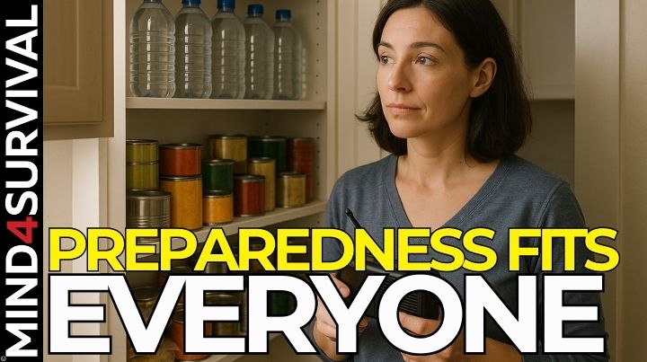 Woman checking emergency supplies in a kitchen pantry, calmly reviewing her gear