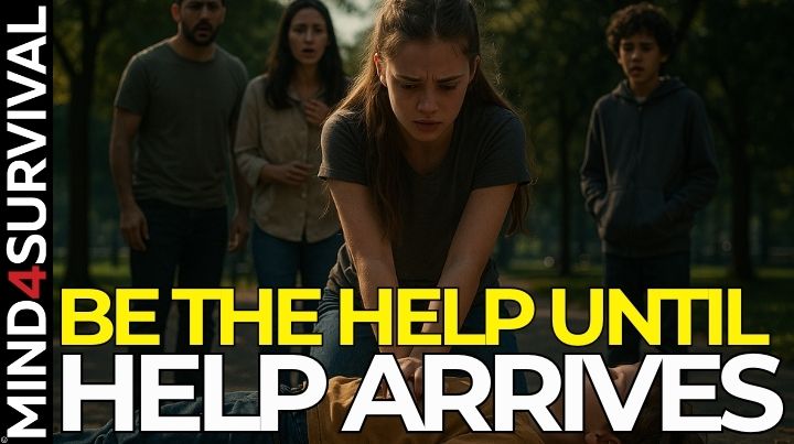 Teen girl giving CPR to a child in public, showing how preparedness helps save lives.