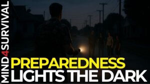 Person standing in a darkened neighborhood during a blackout, representing personal responsibility and preparedness.