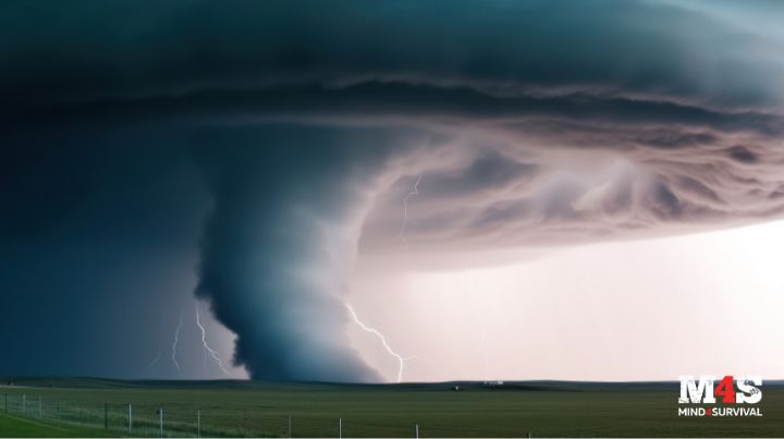 A giant tornado moving across farm fields.