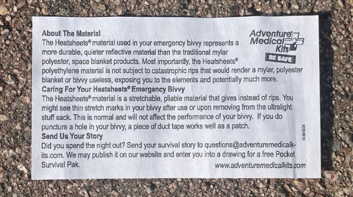 S.O.L. Emergency Bivvy Info Sheet