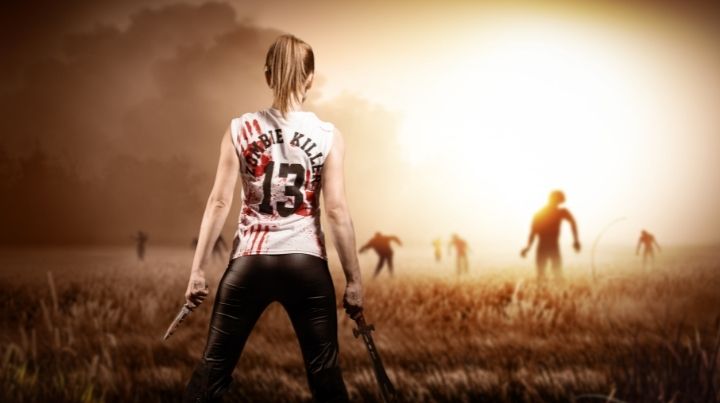 Woman fighting zombies