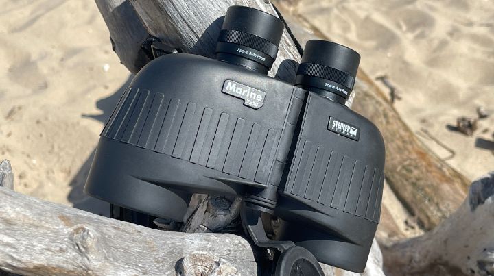 7X50 Steiner Marine binoculars on a log