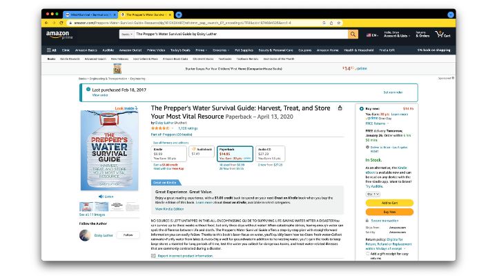 Prepper's Water Survival Guide Amazon page