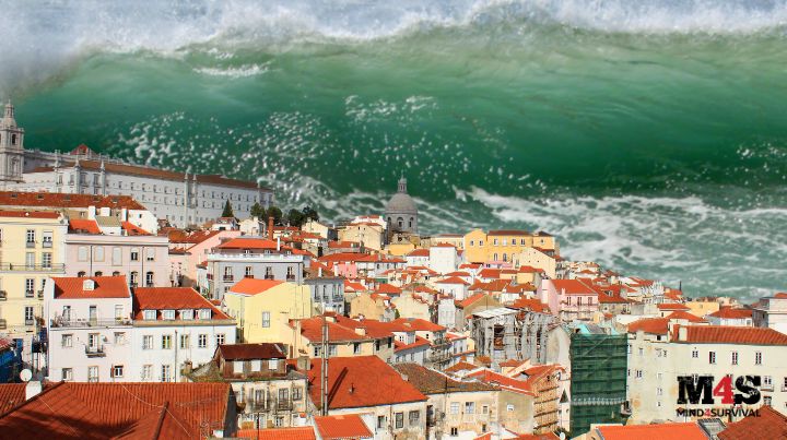 A tsunami approaching a coastal city.