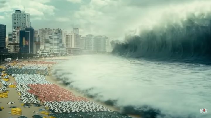 Giant tsunami crashing into a beach city