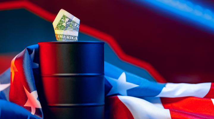 An oil barrel wrapped in a US flag