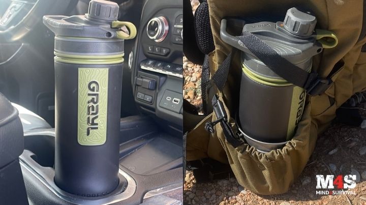Grayl GeoPress in cup holder and in backpack outside pocket