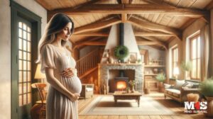A pregnant woman in her off-grid cabin