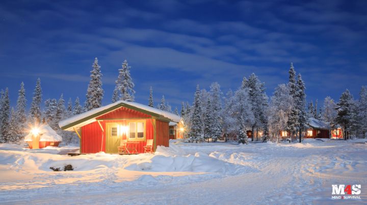 Snow covered cabins in Sweden