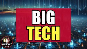 A background of computer code, overlayed with the text "Big Tech"