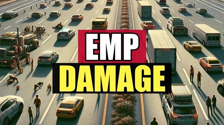 Cars stopped on a highway due to an EMP, with a text overlay that says "EMP Damage"