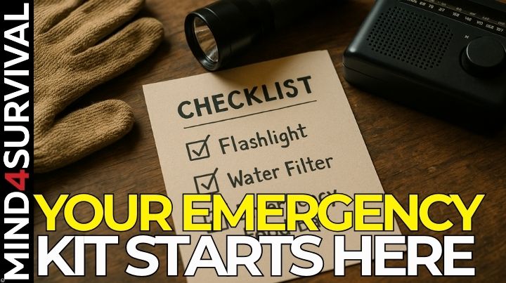 Emergency supply checklist with flashlight, water filter, and food bar ticked off.