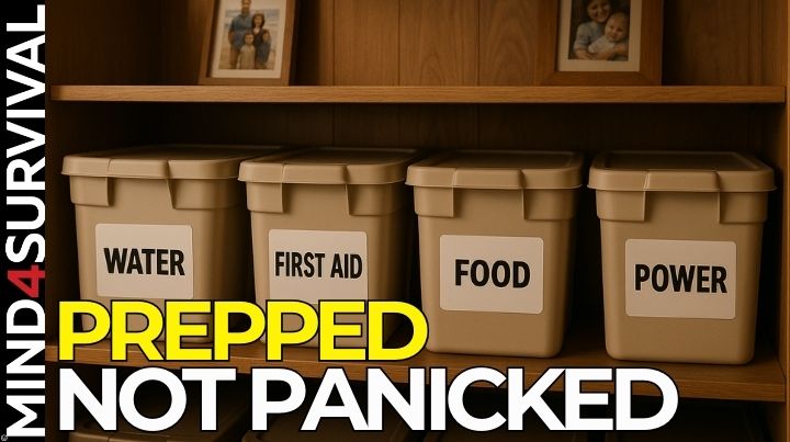 Organized emergency supplies stored in labeled bins in a prepared home.