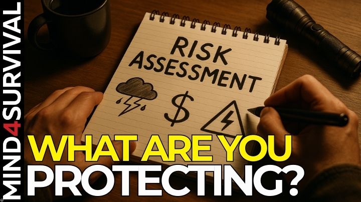 Prepper creating a personal risk assessment plan with emergency icons and checklist on paper.