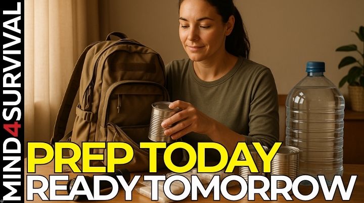 Beginner prepper packing emergency supplies including food, water, and first aid gear in a well-lit home