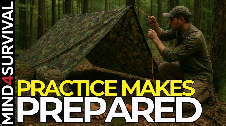 Prepper building a tarp shelter as part of outdoor survival skill training.
