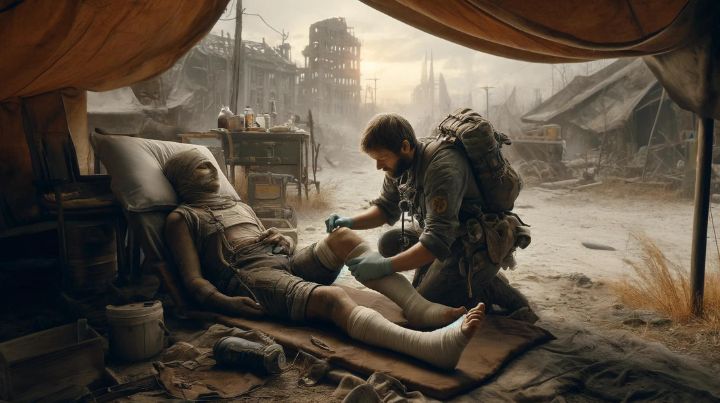 A medic working on an injured person in a dystopian setting
