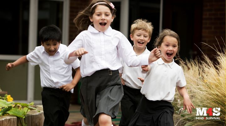 Children getting out of school at the end of the day. 