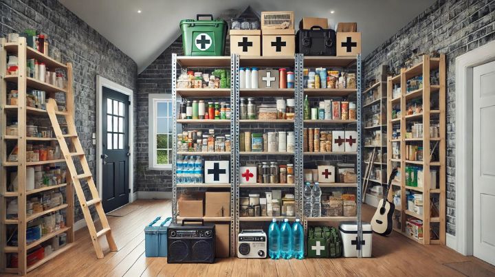 Supplies stored on shelves in the attic. 