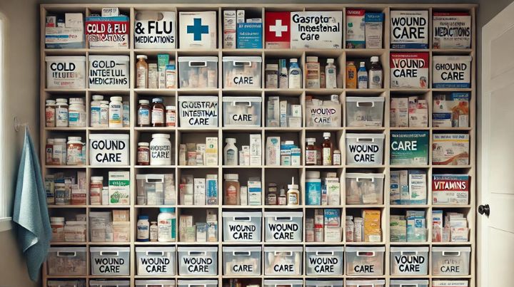 Bathroom cabinets of organized medical gear. 