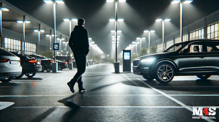 A person walking through a sketchy looking parking lot 