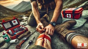 A person performing first aid on a cut leg