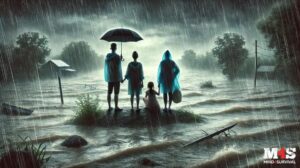 A family surrounded by water during a storm