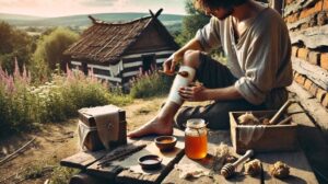 A person putting honey on a leg wound