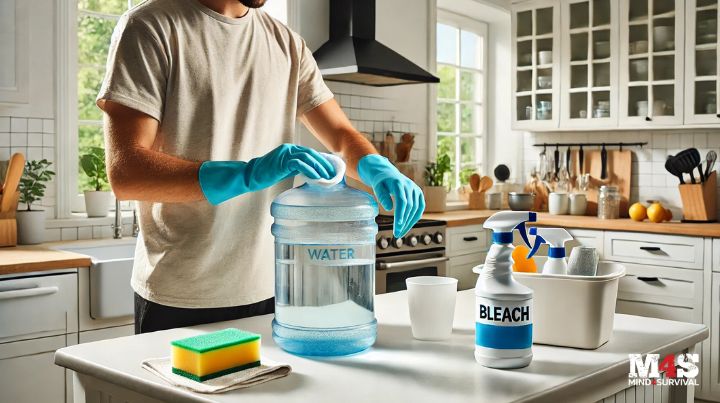 A man sanitizing water containers