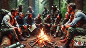 A group of preppers in the woods talking.