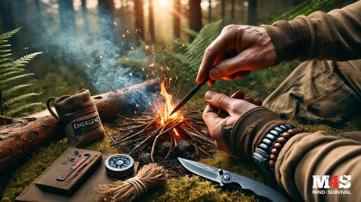 A man in the woods starting a campfire