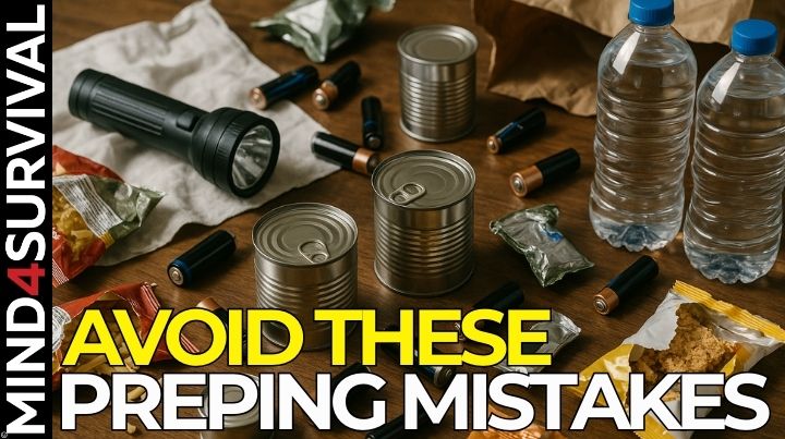 Common emergency supply kit mistakes including expired food, missing batteries, and disorganized supplies spread across a table.