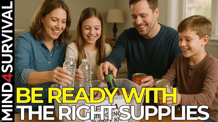 Family working together to assemble a FEMA emergency supply kit, ensuring they are prepared for a disaster.