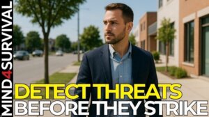 Person scanning surroundings in urban area with text overlay: 7 Situational Awareness Tips You Need to Know to Stay Safe.
