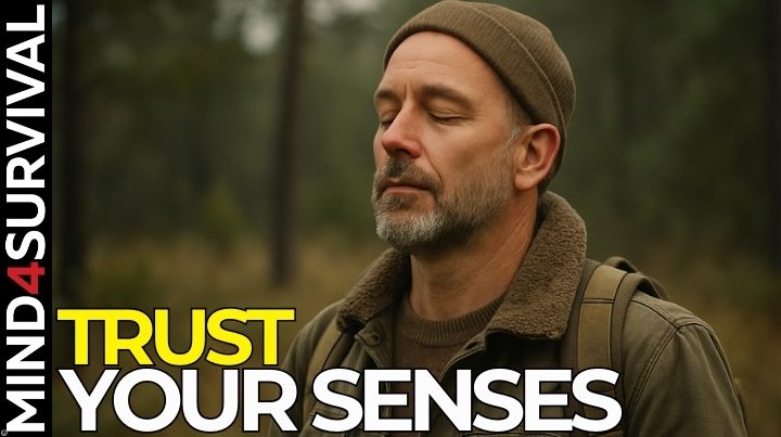 Calm person sensing internal body cues like tight chest, tension, gut feelings for early threat detection.