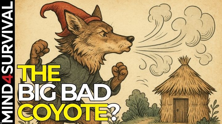 Illustrated coyote dressed as grandma from Little Red Riding Hood