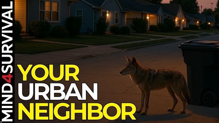 Urban coyote sniffing around garbage can in quiet neighborhood
