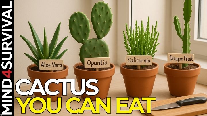 Edible cacti including aloe vera, prickly pear, dragon fruit, and sea beans growing in labeled pots on a sunny windowsill.