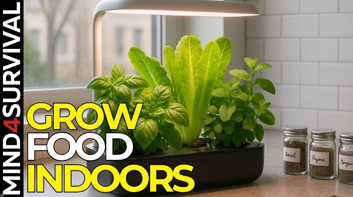 A small kitchen countertop hydroponic garden growing herbs and greens under LED lights.
