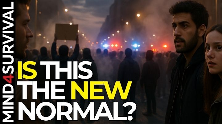 A realistic photo of a city protest at dusk with smoke, blurred police lights, and anxious bystanders. The image should convey rising tension, not violence—symbolizing a society near the edge.