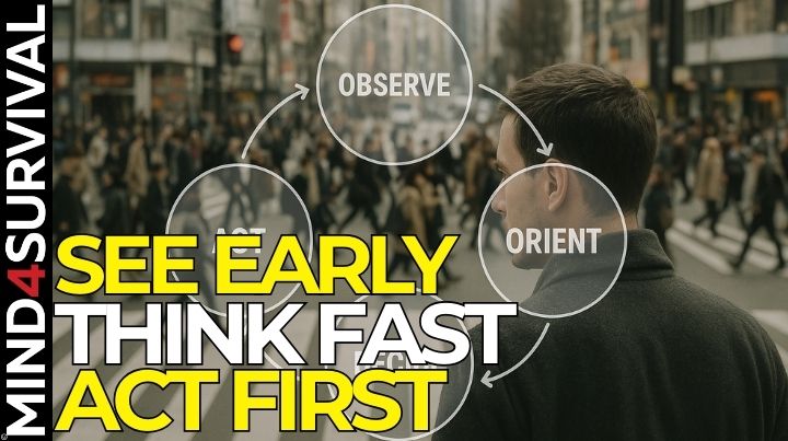 Person assessing a busy intersection using OODA Loop principles to build situational awareness