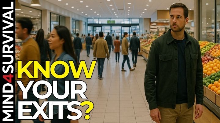 Man scanning his surroundings inside a crowded grocery store—demonstrating situational awareness in public spaces.
