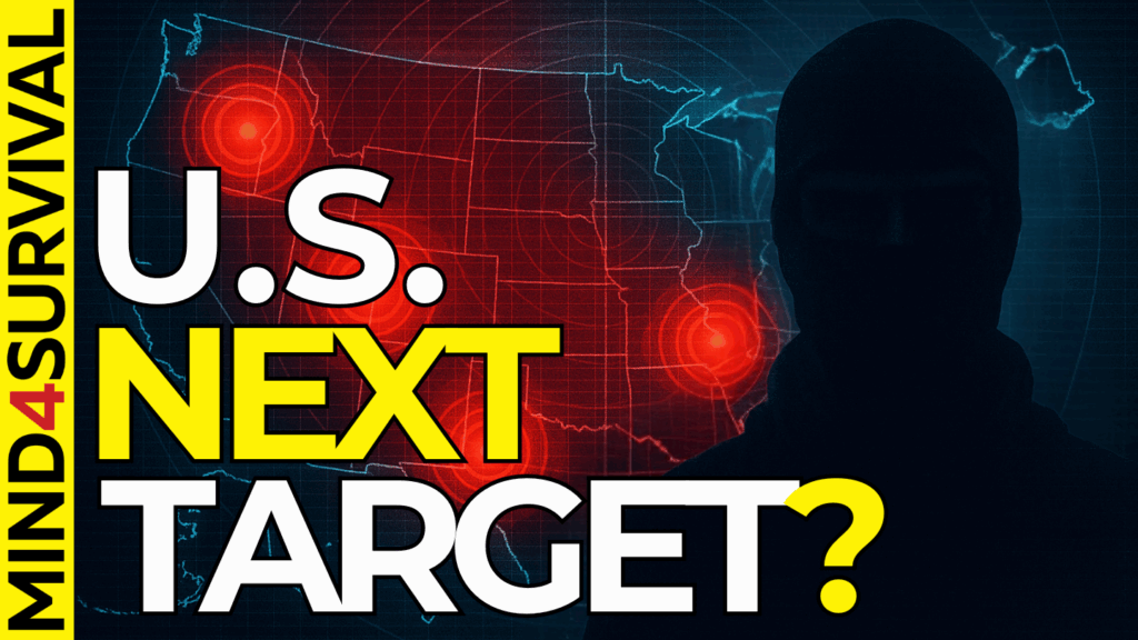 A dramatic graphic shows a dark silhouette of a hooded figure with a red map of the United States marked by glowing targets, suggesting a proxy threat. The left side is intentionally blank for overlay text.