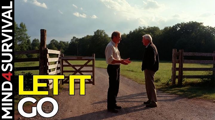 Two men talking at a rural fence line, one standing at an angle with open hands and space between them.