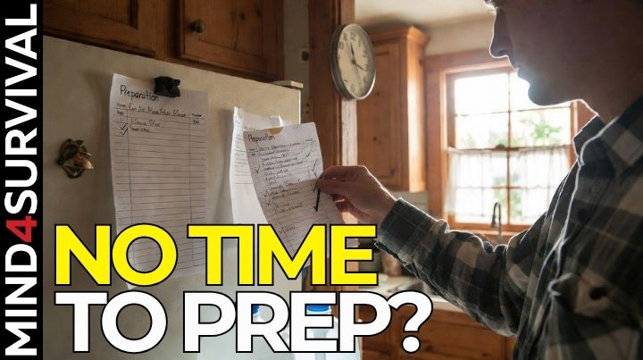 Person checking a short prep list on a fridge index card beside a kitchen clock